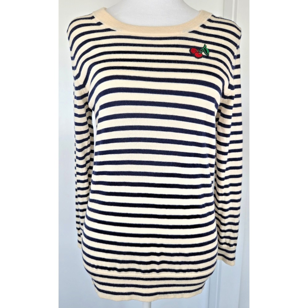J.Crew 100% Merino Wool Sweater Women's Striped Navy Ivory Cherry Crewneck Sz M